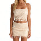 Women's sequin two-piece set in nude, perfect for y2k fashion looks
