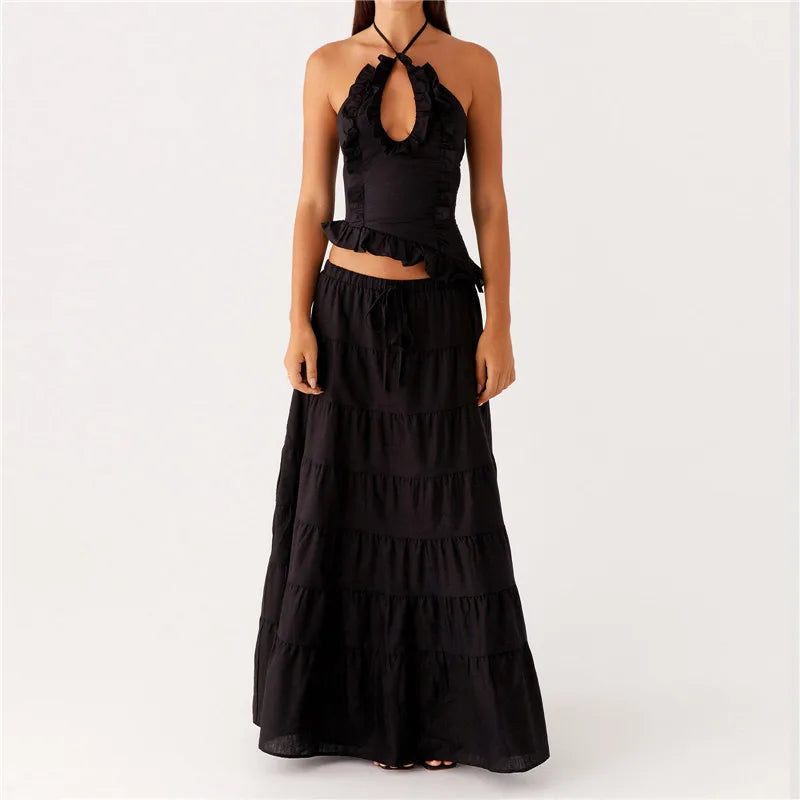 Women's black tiered dress set, perfect for summer outings, y2k fashion
