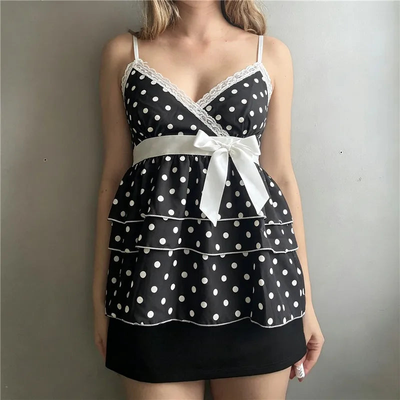 Women's polka dot top, black and white, perfect for y2k fashion
