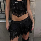 Black sequined two-piece set for y2k fashion style