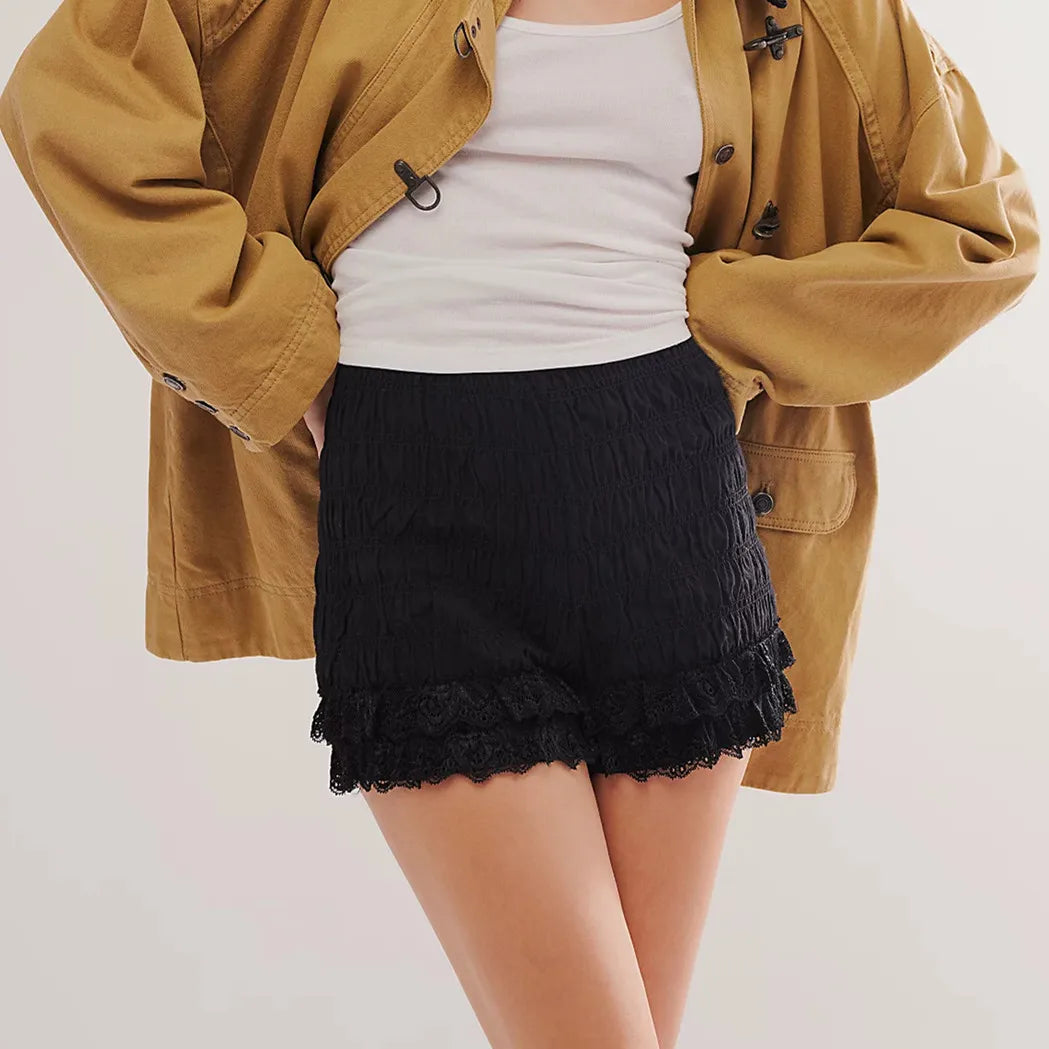 Women's black ruffled shorts in y2k fashion for casual outings