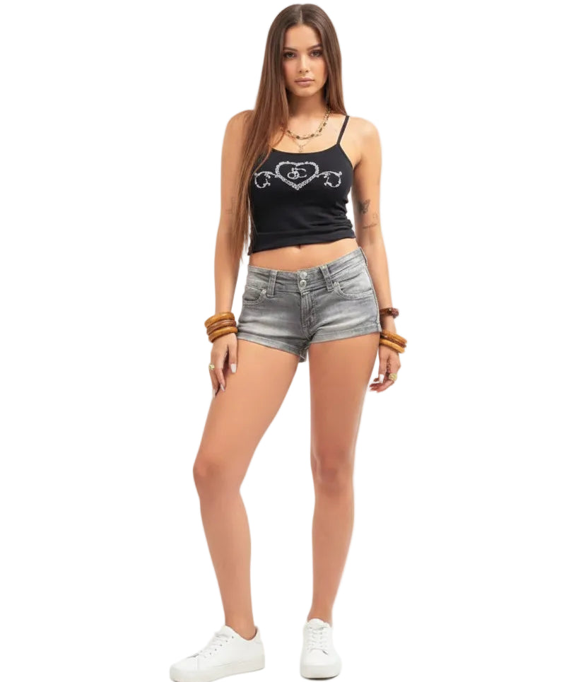 Black crop top and grey denim shorts, casual y2k fashion look