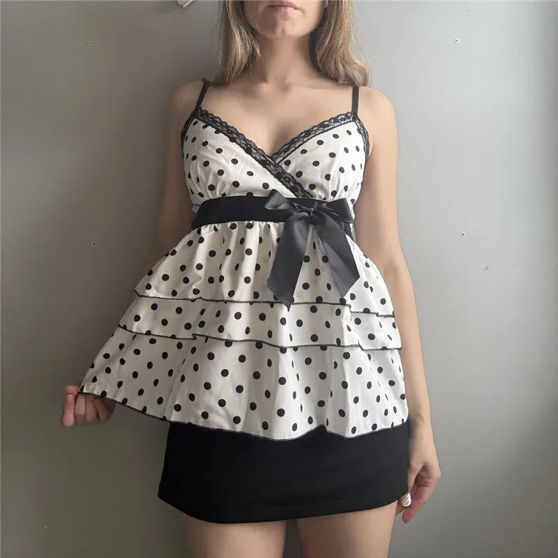Women's polka dot tiered top, Y2K fashion, perfect for summer outings