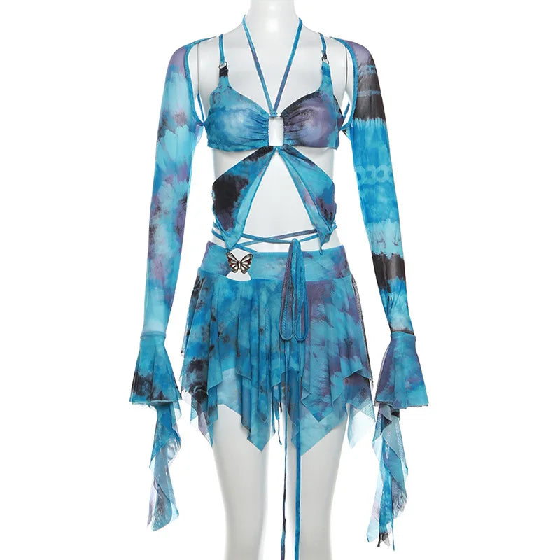 Women's blue tie-dye bikini set, perfect for y2k fashion beachwear