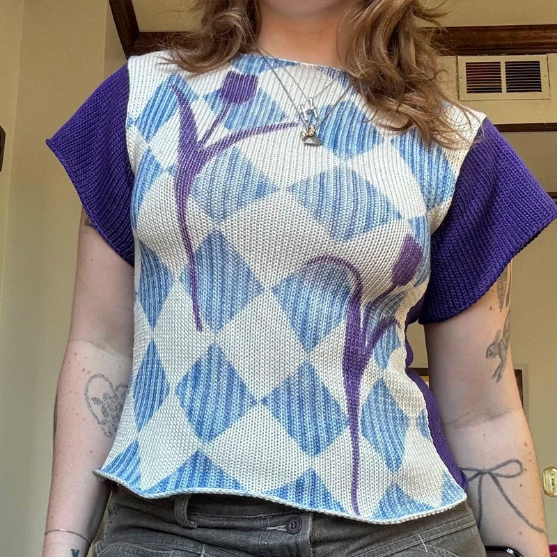 Women's knitted short-sleeve top, blue and white, Y2K fashion style