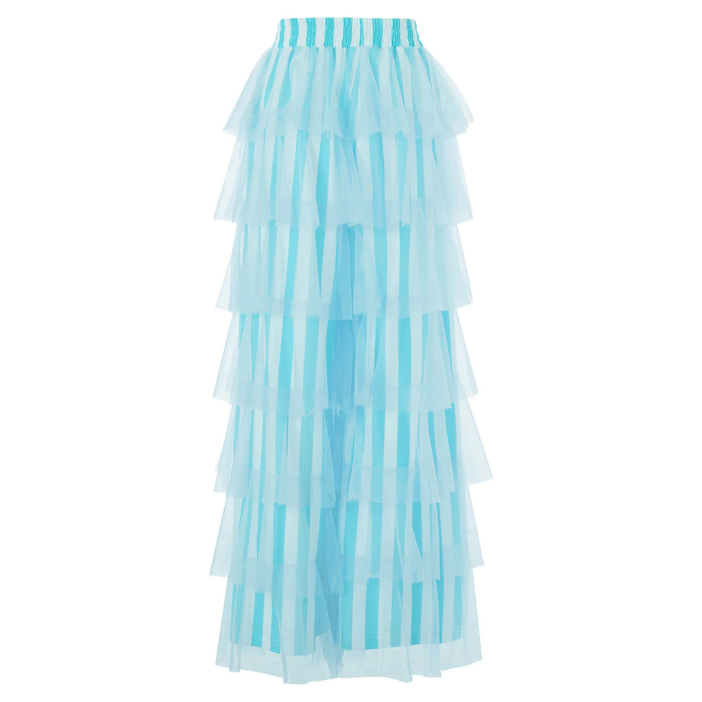 Women's light blue tiered tulle pants, perfect for y2k fashion style