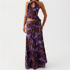 Women's floral maxi dress in brown and blue, perfect for y2k fashion style