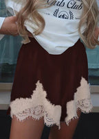 Women's y2k fashion maroon skirt with lace trim, trendy summer style