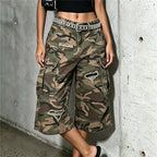 Camouflage cargo shorts with belt, trendy y2k fashion for casual outings