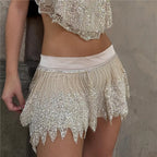 Beaded women's mini skirt, shimmering crystal details, y2k fashion
