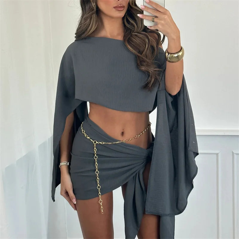 Women's gray Y2K fashion crop top and wrap skirt set