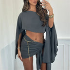 Women's gray Y2K fashion crop top and wrap skirt set