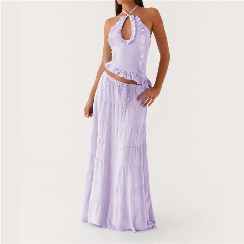Women's lilac ruffled two-piece set, perfect for y2k fashion styles