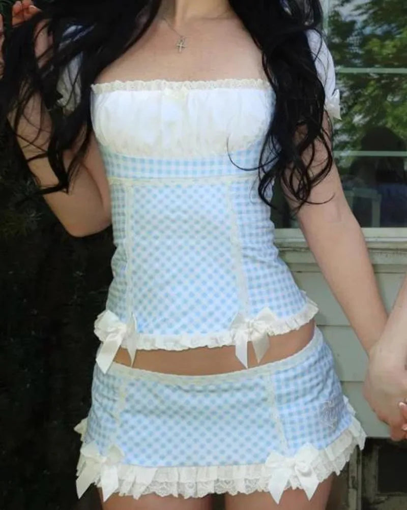 Women's blue checkered top and skirt set, y2k fashion, casual wear