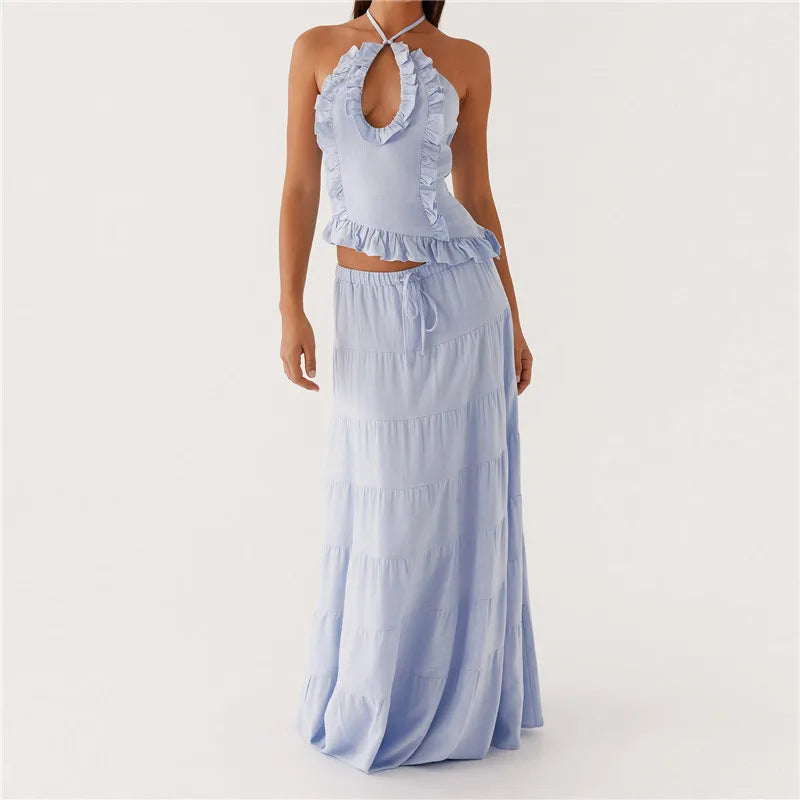 Women's light blue ruffled maxi dress for y2k fashion appeal