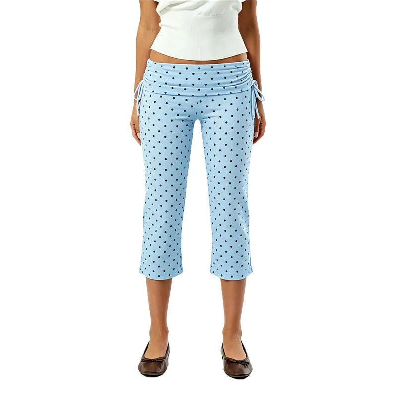 Women's light blue polka dot pants, perfect for y2k fashion styles.