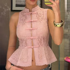 Women's pink lace top, perfect for Y2K fashion enthusiasts