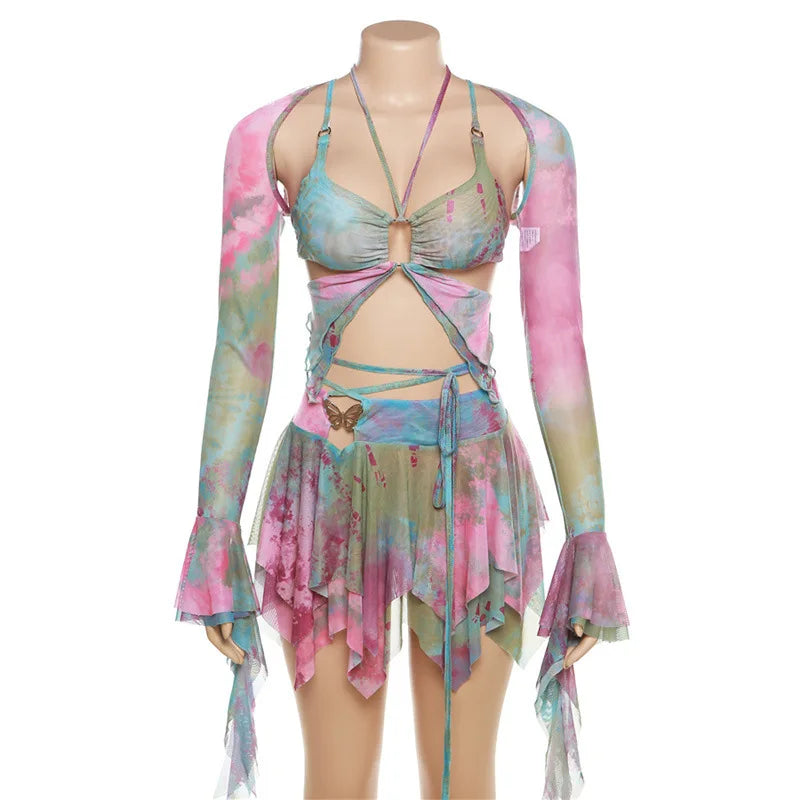 Women's y2k fashion tie-dye outfit set for trendy summer events