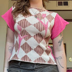 Women's short-sleeve pink checkered shirt, stylish y2k fashion for casual wear