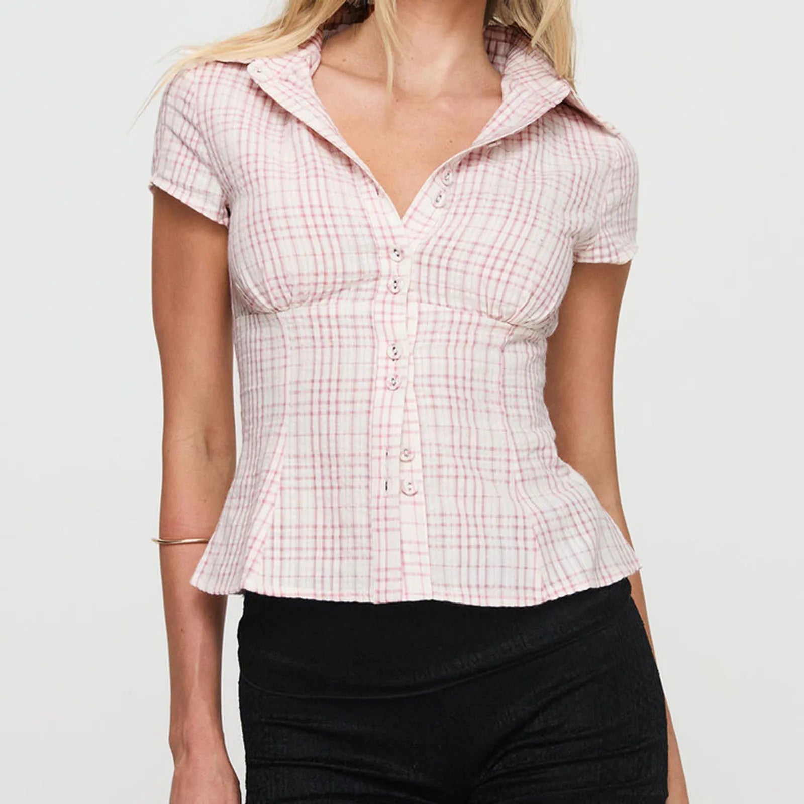 Women's pink checkered shirt, soft cotton, y2k fashion style
