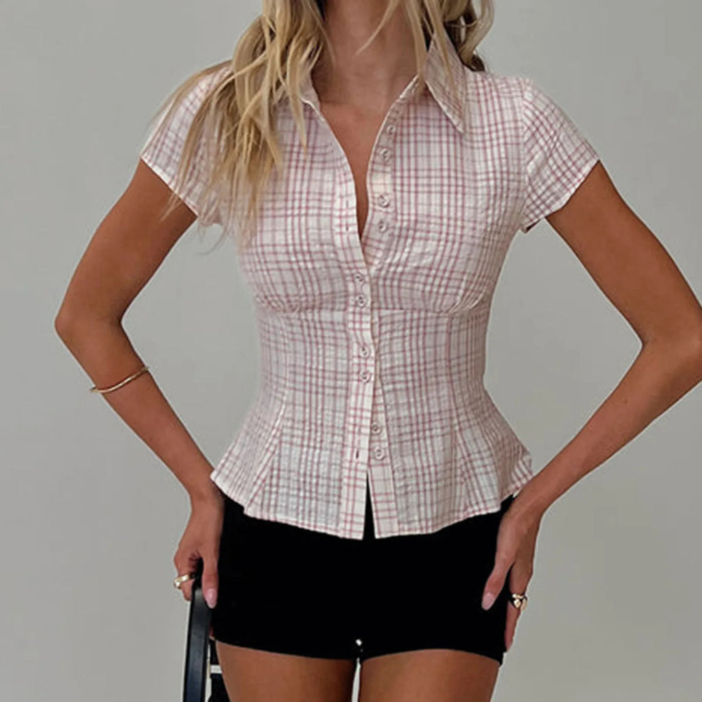 Women's pink plaid shirt, fitted style for y2k fashion.