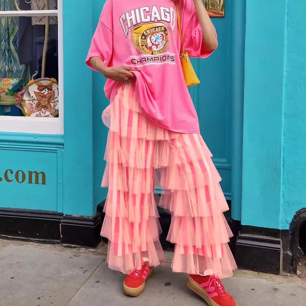 Women's pink tiered pants, lightweight, perfect for y2k fashion