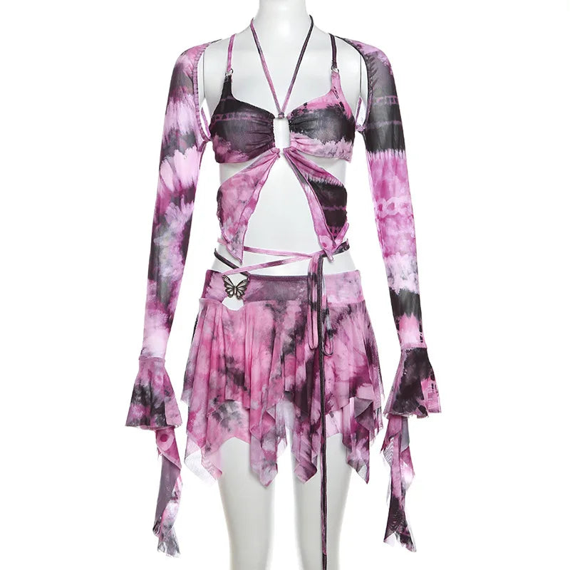Women's pink tie-dye bikini set for y2k fashion, perfect for summer