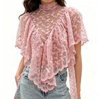 Women's pink lace top, sheer, stylish for y2k fashion enthusiasts