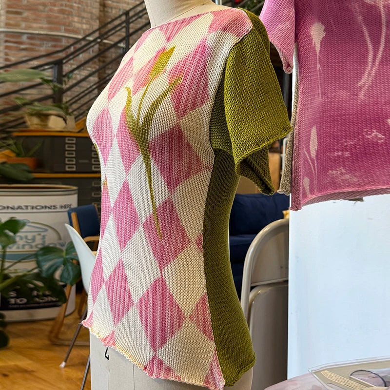 Women's knit shirt in pink and green, perfect for y2k fashion styles