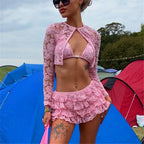 Women's pink lace outfit set, perfect for y2k fashion at festivals
