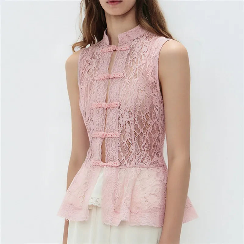 Women's pink lace peplum top, perfect for y2k fashion style
