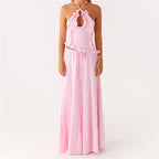 Women's pink maxi dress with ruffles, perfect for y2k fashion style