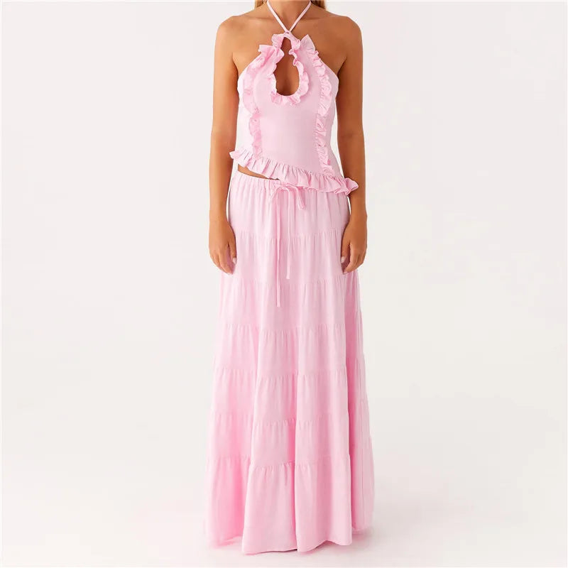Women's pink maxi dress with ruffles, perfect for y2k fashion style