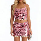 Women's pink sequined two-piece outfit, perfect for y2k fashion style