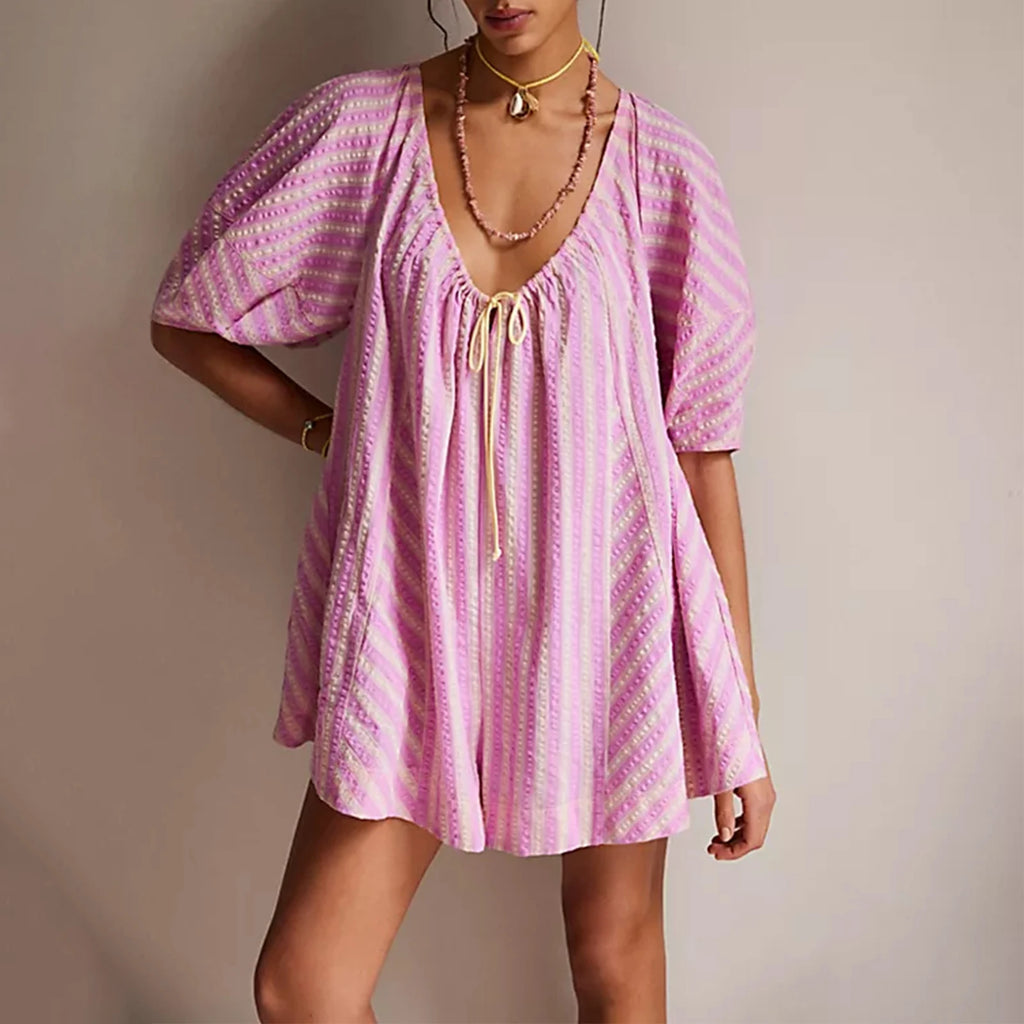Women's pink striped dress, lightweight cotton, y2k fashion style