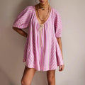 Women's pink striped dress, lightweight cotton, y2k fashion style