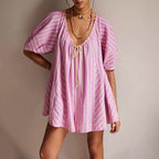 Women's pink striped dress, lightweight cotton, y2k fashion style
