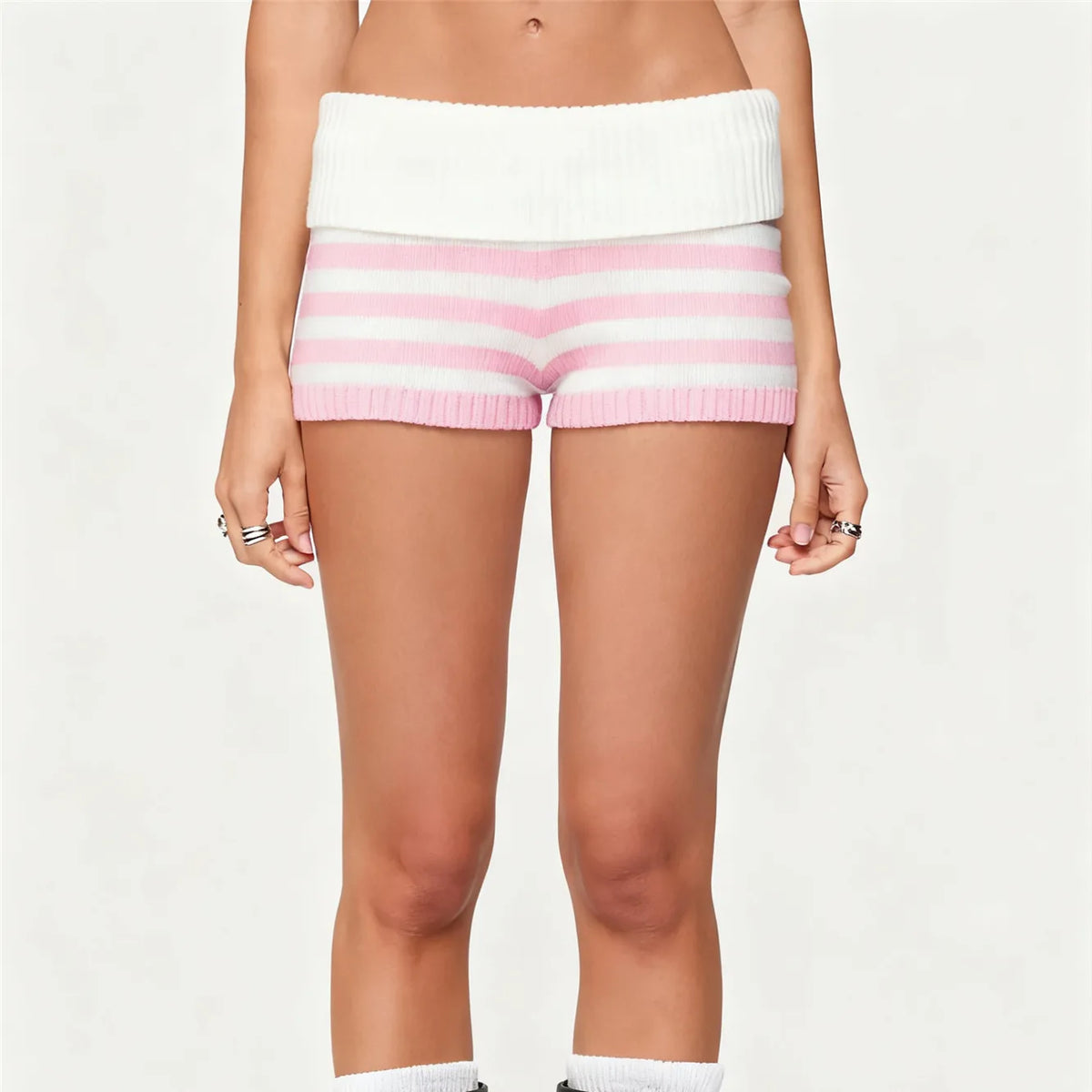 Women's pink and white striped knit shorts for trendy y2k fashion