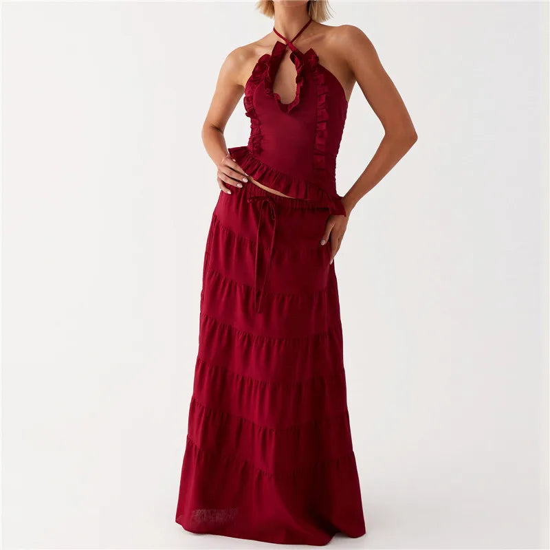 Women's burgundy ruffled maxi dress, perfect for y2k fashion looks