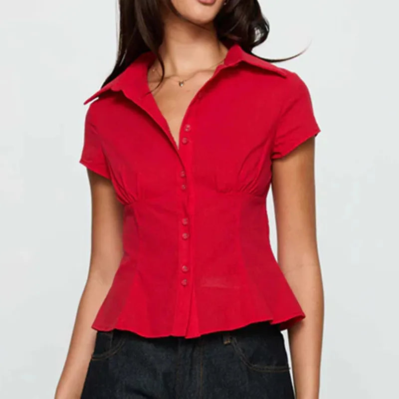 Women's red button-up shirt, lightweight fabric, perfect for y2k fashion
