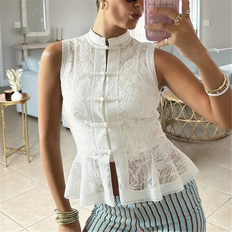 Women's white lace peplum top for y2k fashion enthusiasts