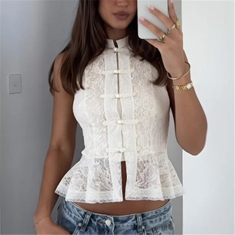 Women's white lace peplum top for y2k fashion enthusiasts