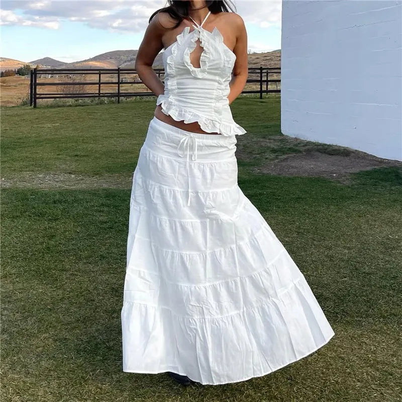 Women's white ruffled two-piece outfit, perfect for y2k fashion