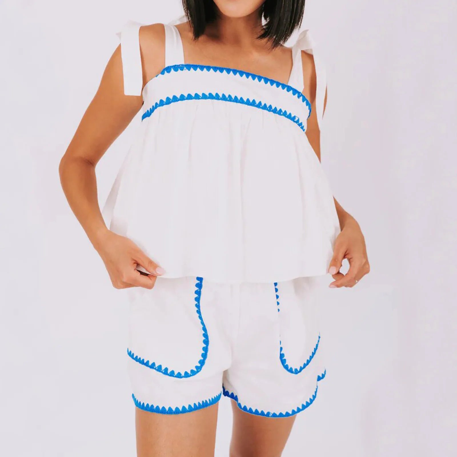 Women's white loungewear set with blue trim, perfect for y2k fashion