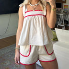 Women's white lounge set with red trim, perfect for y2k fashion style
