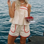 Women's cream sleepwear set with red trim, y2k fashion, ideal for lounging