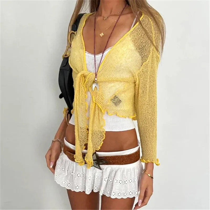 Women's yellow crochet cardigan, perfect for y2k fashion, casual beachwear
