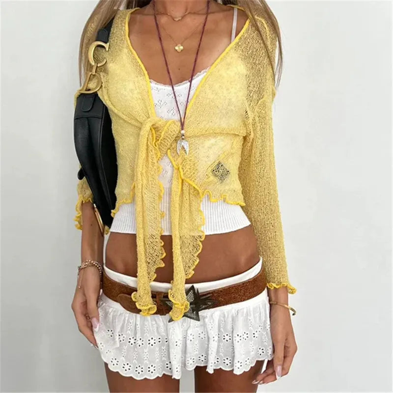 Women's yellow mesh cardigan in y2k fashion for stylish layering