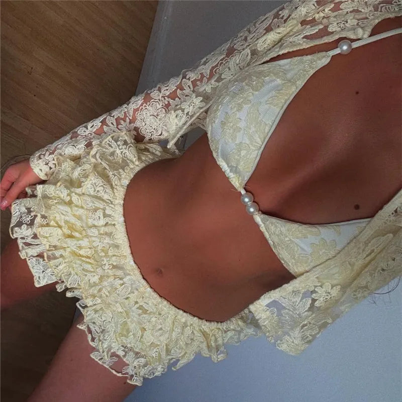 Women's lace bikini set in yellow, perfect for y2k fashion beachwear