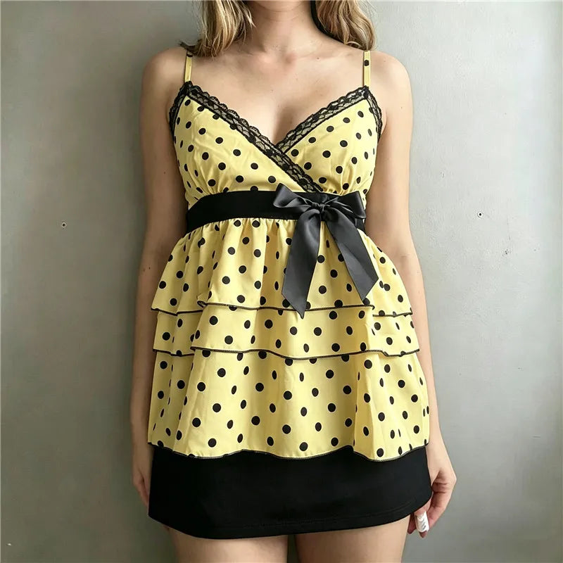 Women's yellow polka dot top, y2k fashion for casual outings